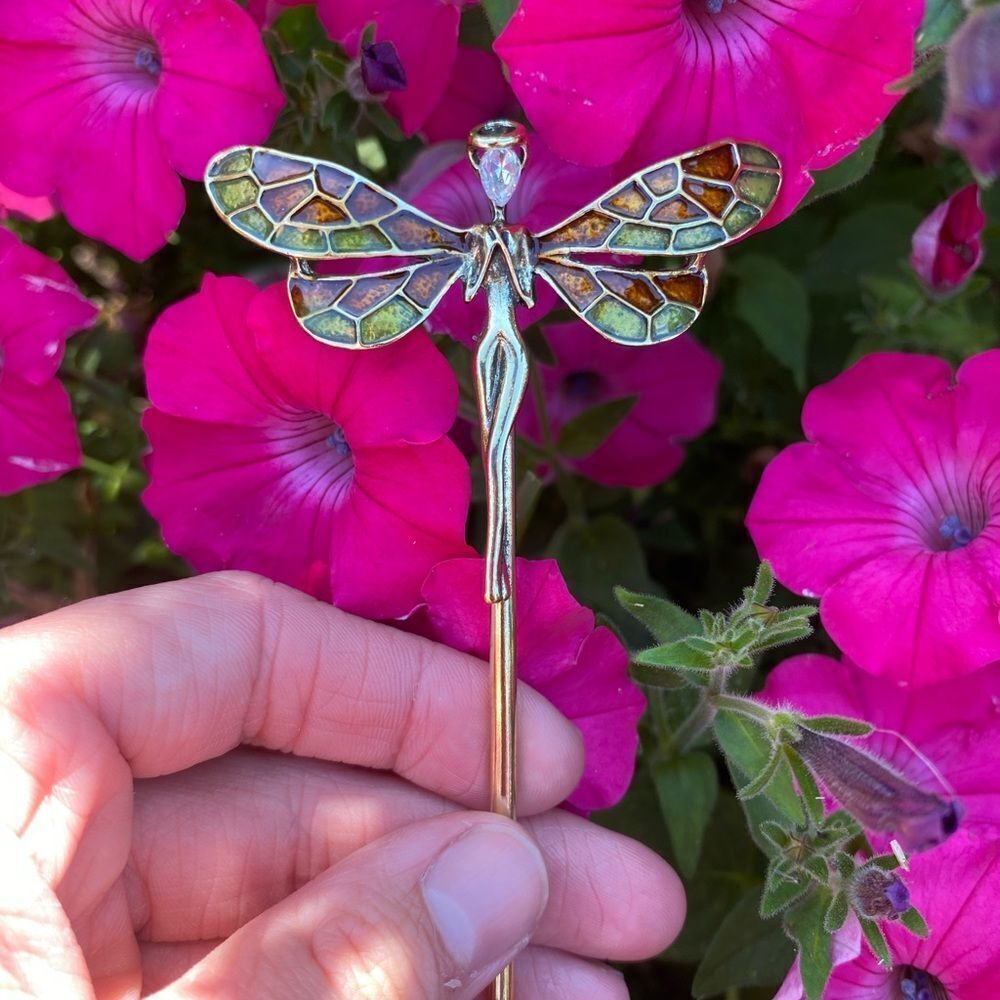 Cottagecore Fairy Goddess Hair Pin Antique Gold Tone, Muti Colored Wings, - Picture 3 of 7
